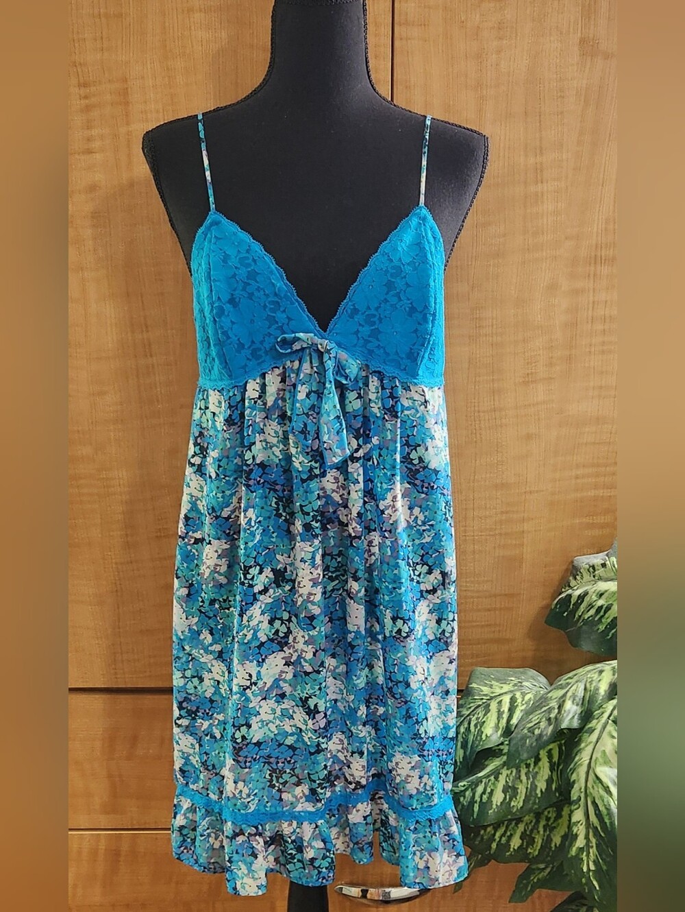 Blue Floral Lace-Top Slip Night Gown